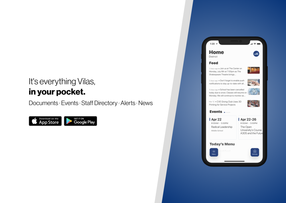 It's Everything Vilas in your pocket. Documents, events, staff directory, alerts, news. image of phone app